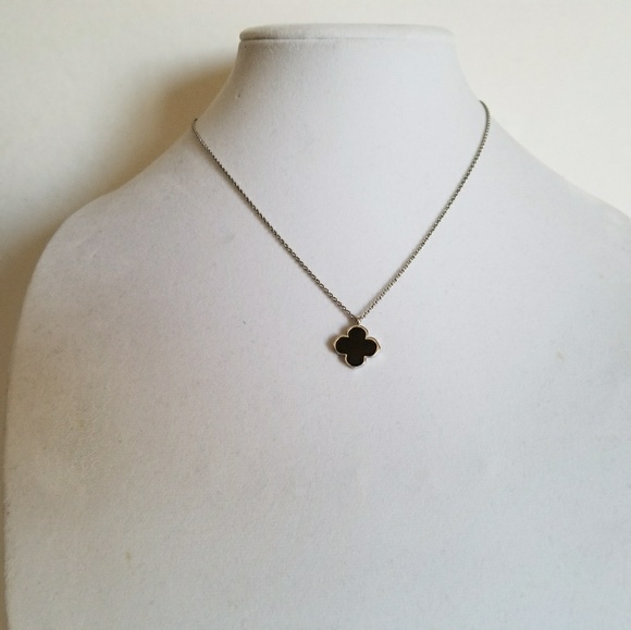 Silver necklace, black enamel clover - Picture 2 of 6